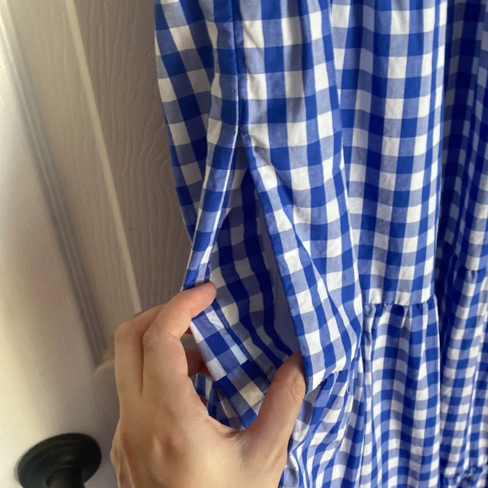 J. Crew Blue and White Gingham Tiered Midi Dress